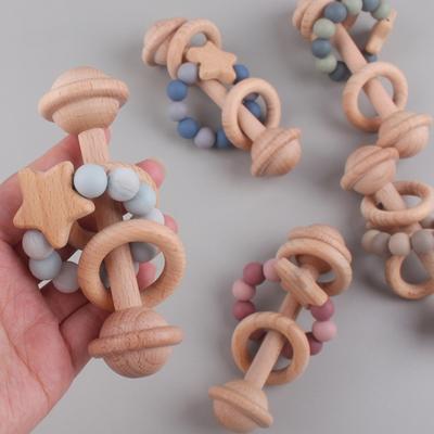 Ручка для младенцев, колокольчик из бука, игрушка для прорезывания зубов, погремушка, обучающая силиконовая цепочка из бисера, просветление слуха