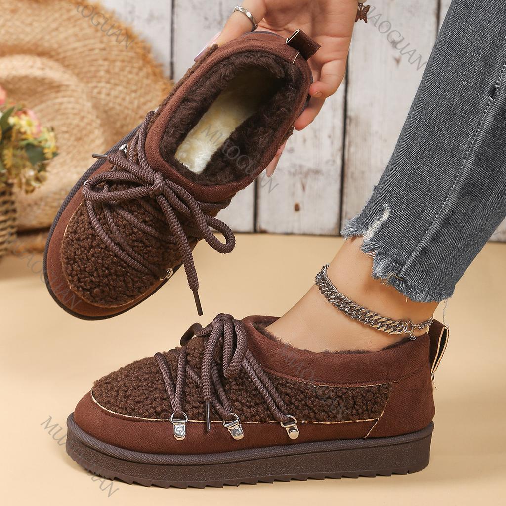Мода 2025 Зима Новые Толстая подошва Утепленные Утолщенные Снежные ботинки Бархатные Теплые Женские Хлопковые Туфли Повседневные На плоской подошве На шнуровке Платформа Короткие Боты
