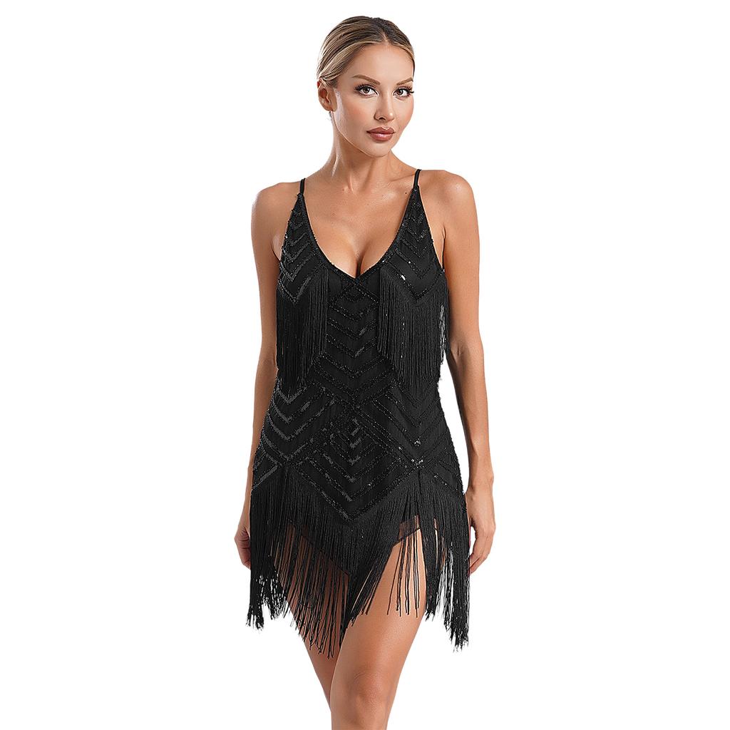 Womens 1920s Flapper Dance Dress V Neck Shiny Sequins Adjustable Spaghetti Straps Fringe Latin Party Costume
