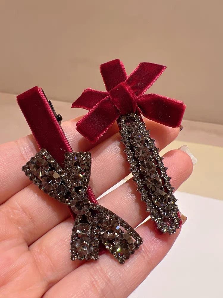 2 шт. Милые заколки для волос с бантиками и стразами для девочек, кавайные, милые головные уборы, бархатные заколки-бантики типа «утиный клюв», детские боковые заколки, заколка для челки