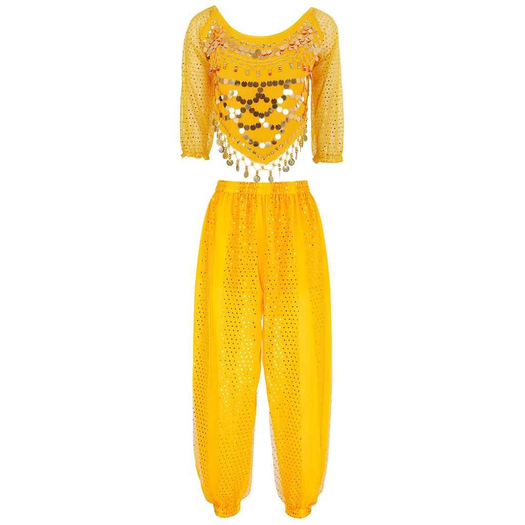 Женский костюм для танца живота, расшитый блестками шифоновый топ с шароварами, завязывающийся сзади дизайн для сценических выступлений