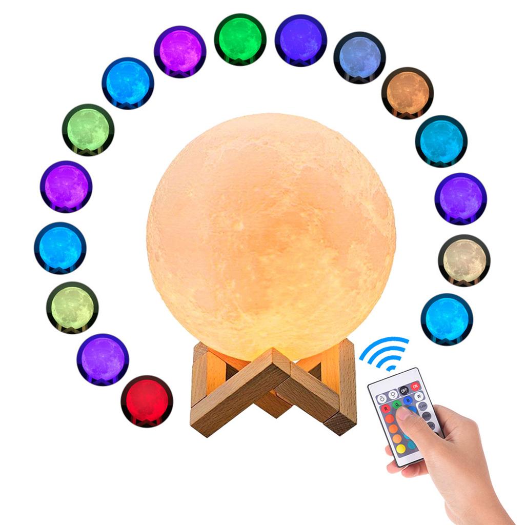 Moon Lamp 3D Print LED Night Light 16 Glowing Colors with Stand Remote Control Touch Control USB