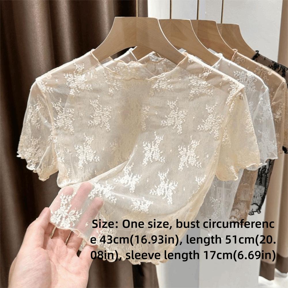Nylon Sheer Mesh Blouse Short Sleeve Hollow Out Layering Tee Cool Sling Dress Cover Up  Women