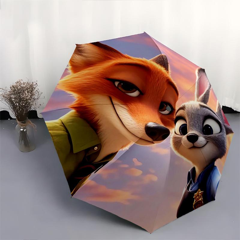 Zootopia Movie Characters Automatic 3-Fold Umbrella Design, Cute Cartoon Pattern, Portable Outdoor Umbrella, Perfect, Holiday Gift for Disne