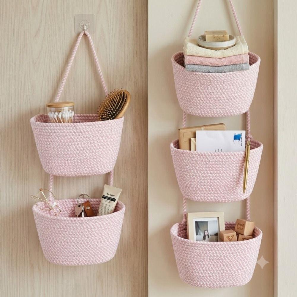 Handwoven Wall Mount Organizer 2/3 Layered Rope Woven Basket Hanging Storage Basket Living Room
