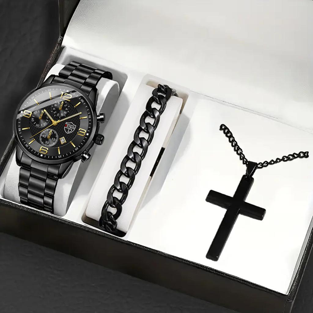 3pcs/set, Men's Calendar Fashion Business Stainless Steel Quartz Watch & Bracelet & Necklace Mens Gifts