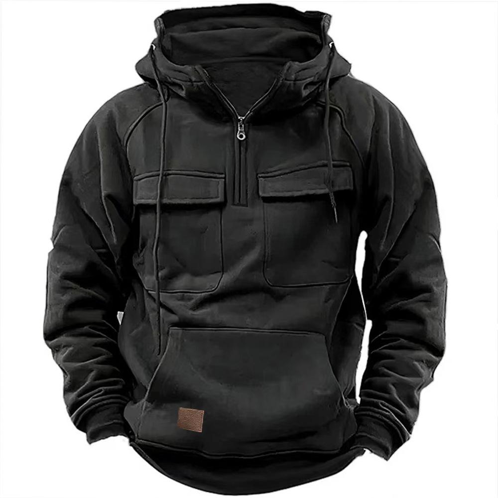 Men's Multi-Pocket Hooded Leather Patch Sweatshirt Jacket for Spring and Autumn - European & American Youth Style