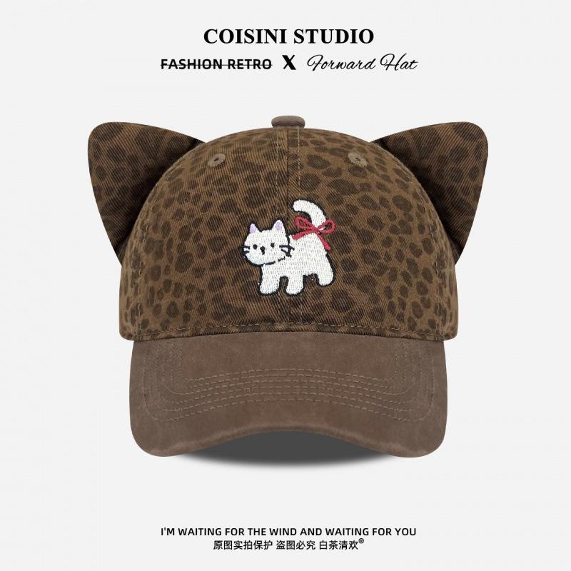 American Retro Leopard Print Cat Ears Baseball Hat Girl Spring And Autumn Show Face Small Street Fashion Sunscreen Cap Tide