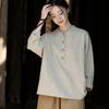Весенне-летняя женская льняная хлопково-льняная рубашка с воротником-стойкой в ​​тон, пуловер с пряжкой и пластиной, блузка больших размеров, женская хлопково-льняная рубашка