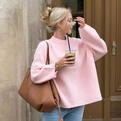 Женский свитер с круглым вырезом, длинным рукавом, однотонный, свободный крой, трикотажные топы с ребристой отделкой, повседневные пуловеры