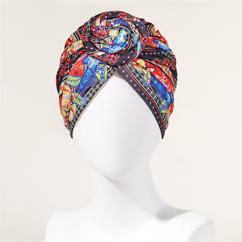 New African Print Pleated Turban Floral Beanie Pre Tied Front Knot Elastic Head Wrap Elegant Women Chemo Cap Bandana Headwear