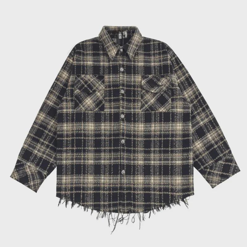 Мужская модная красная клетчатая куртка-рубашка с необработанным краем - в стиле американского ретро-хип-хопа со свободным кроем и карманом