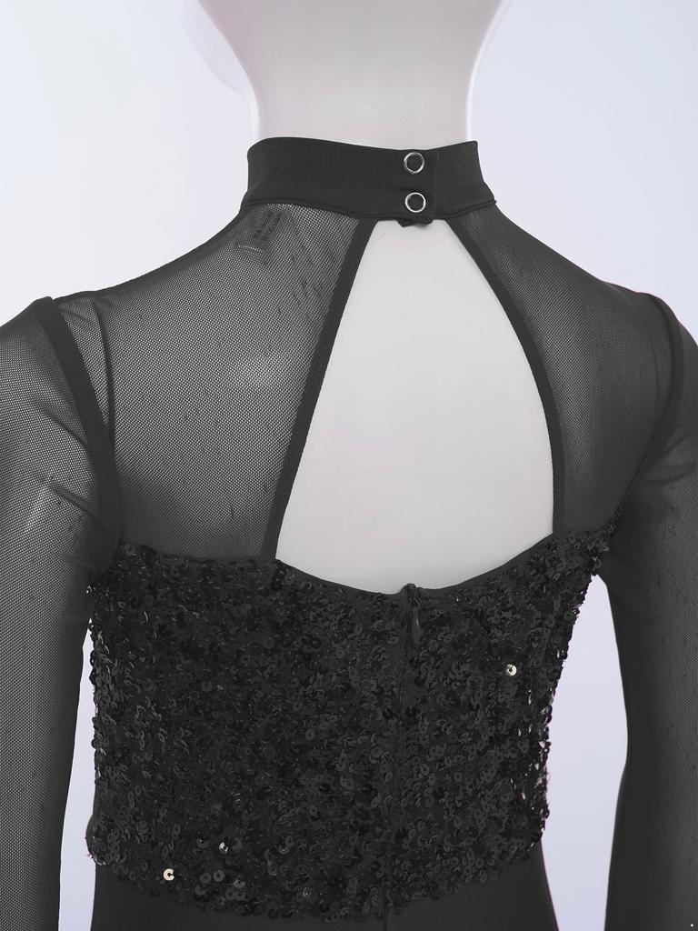 Костюм для джазового танца для девочек, комбинезон с длинными рукавами и вырезом на спине из прозрачной сетки, расширяющийся книзу, с пайетками