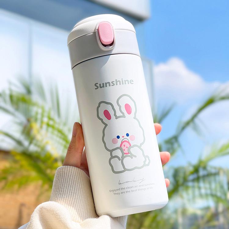 Термобутылка Kawaii Bear, 380 мл для детей, школьных женщин, изолированная чашка из нержавеющей стали с соломой, милые термобутылки для воды