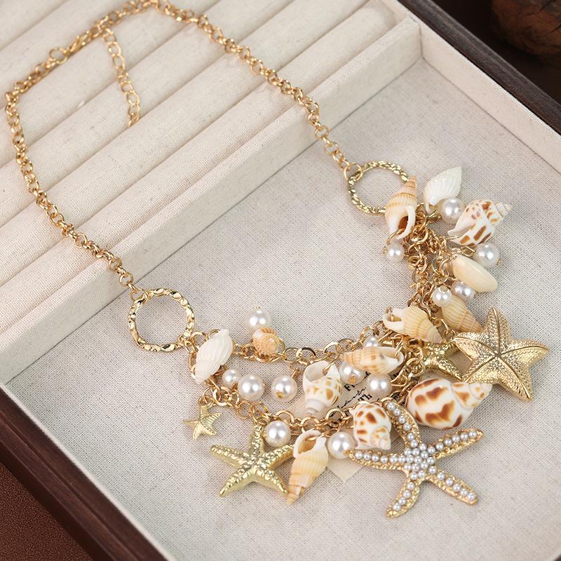 European and American Summer Beach Shell Necklace - Conch and Starfish Design for Women