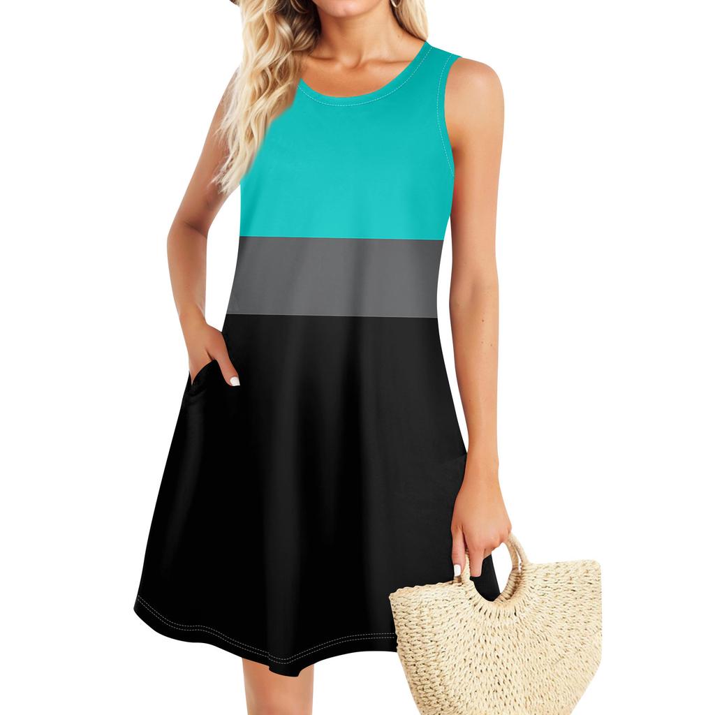 Summer Dresses For Women Beach Boho Sleeveless Vintage Printing Flowy Pocket Tshirt Tank Sundresses