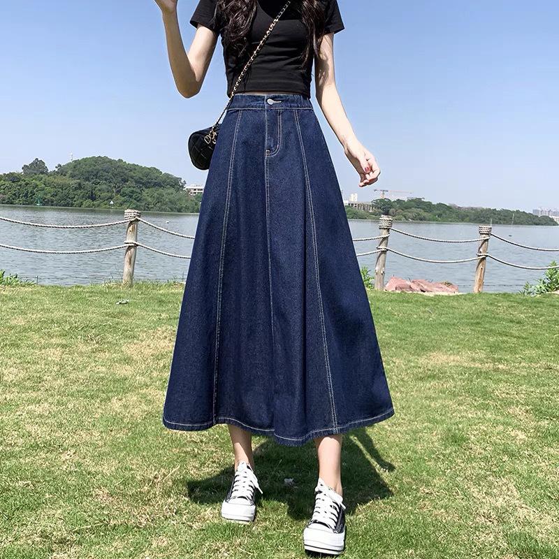 2023 Women's Long Spring Denim Pleated A-Line Skirt - High Waist, Mid-Length & Versatile