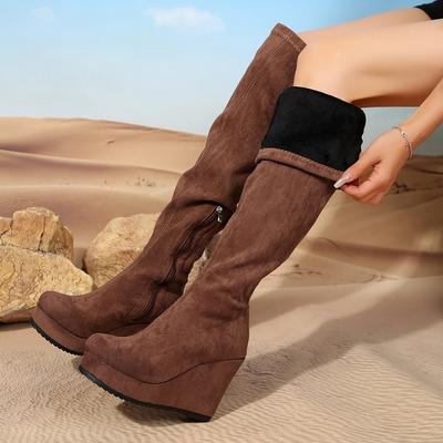 Женские высокие сапоги замшевые на высоком каблуке осенне-зимние новые на платформе танкетке ботинки челси женские массивные ботфорты