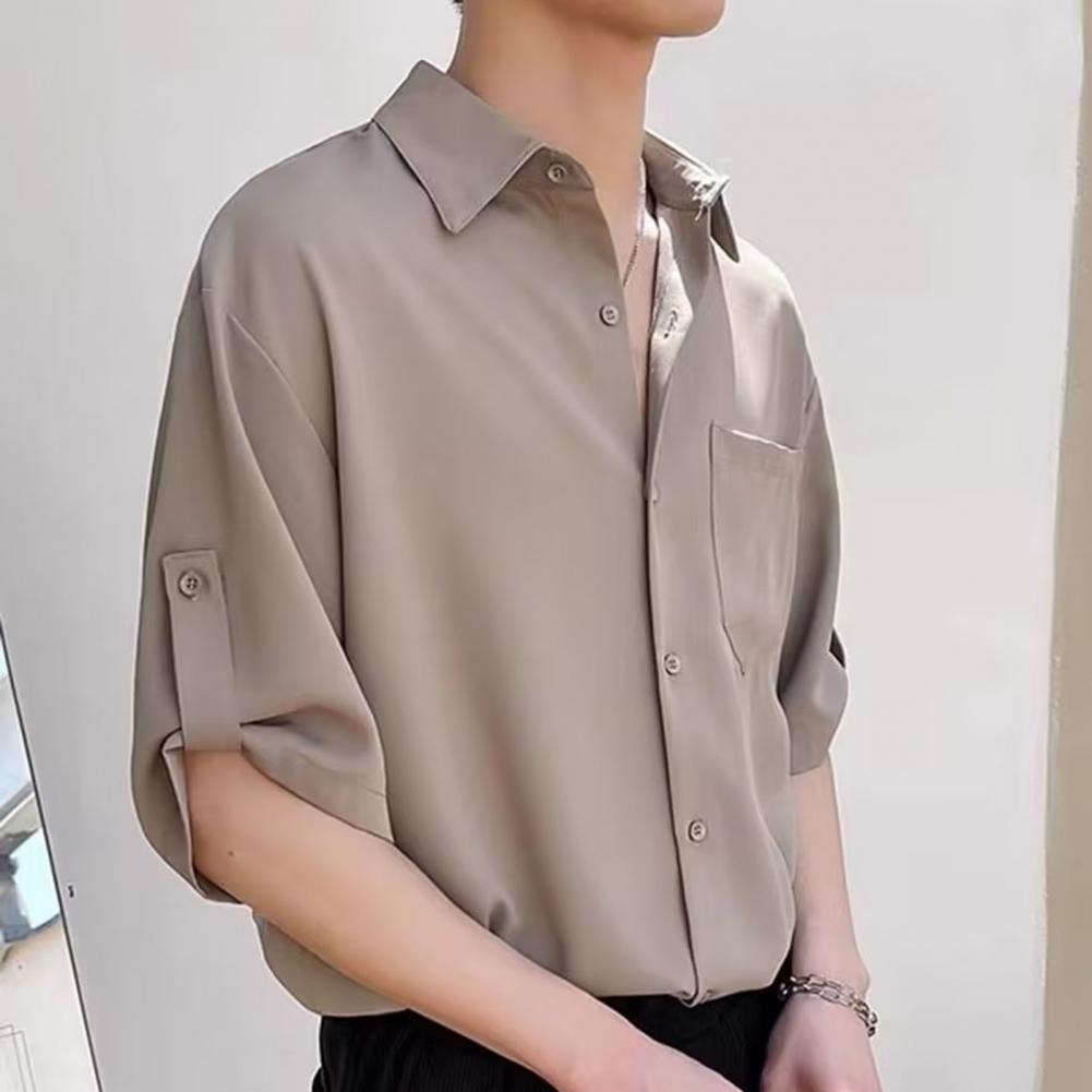 Мужская летняя рубашка, сплошной цвет, пуговицы, лацканы, половина рукава, однобортная, свободная, нагрудный карман, запонка, мягкая дышащая, быстросохнущая