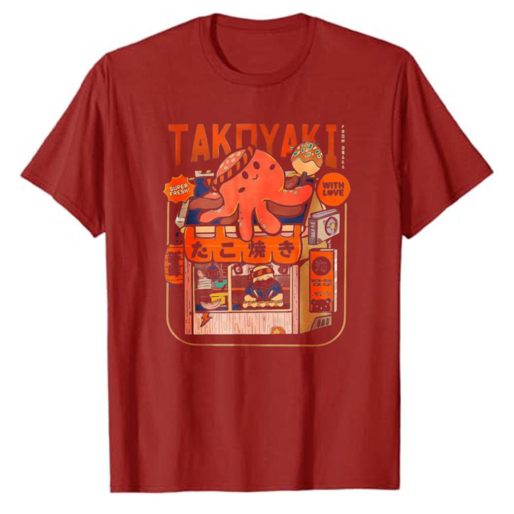 Vintage Takoyaki Japanese Food Stall Octopus Graphic T Shirt Retro Anime Style Cotton Loose Streetwear Casual Unisex Daily Tops