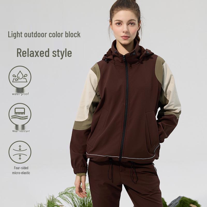 Lotus Leaf Colorblock Softshell Jacket: Water-Repellent, Elastic Hem, Fleece-Lined, Stand Collar