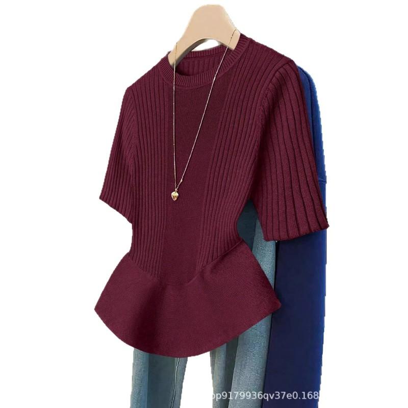 Womens Elegant Knit Short Sleeve Top With Ruffled Hem Slim Fit Round Neck Tee In Soft Core Yarn