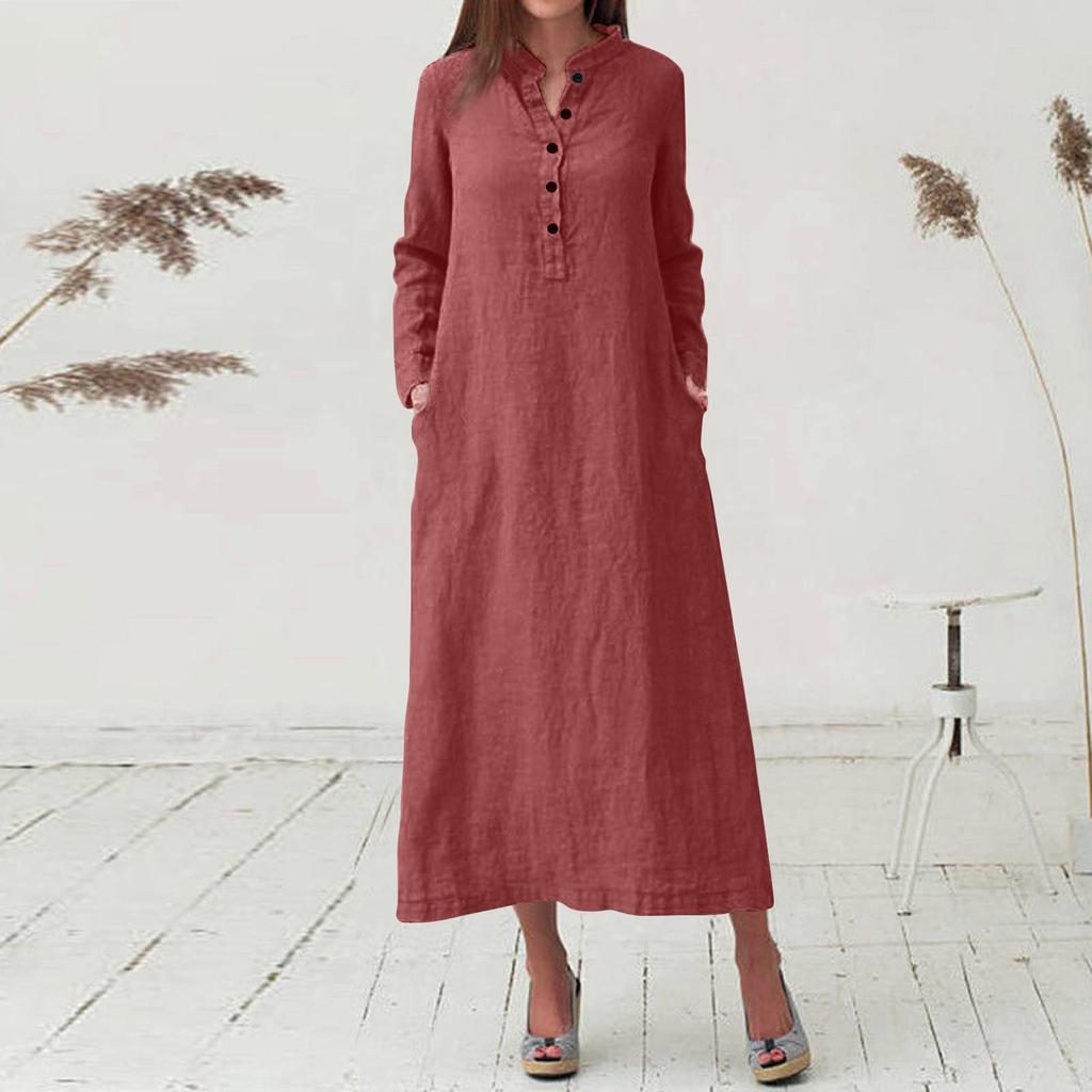 Женские однотонные повседневные макси-длинные платья-рубашки с длинными рукавами и карманами