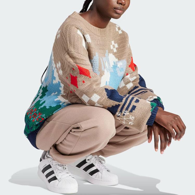 Adidas Оригинальный праздничный узор с принтом, свободный вязаный свитер с круглым вырезом и длинными рукавами, женские топы, розовый, коричневый IT1740