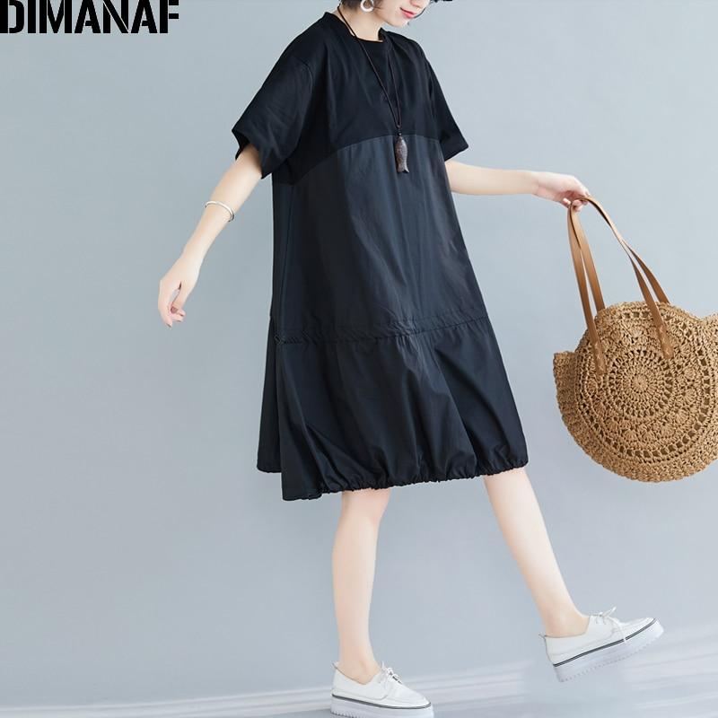 Dimanaf Женское платье больших размеров, летнее и весеннее хлопковое женское платье, свободная плиссированная одежда, повседневное сшитое платье, однотонный черный сарафан