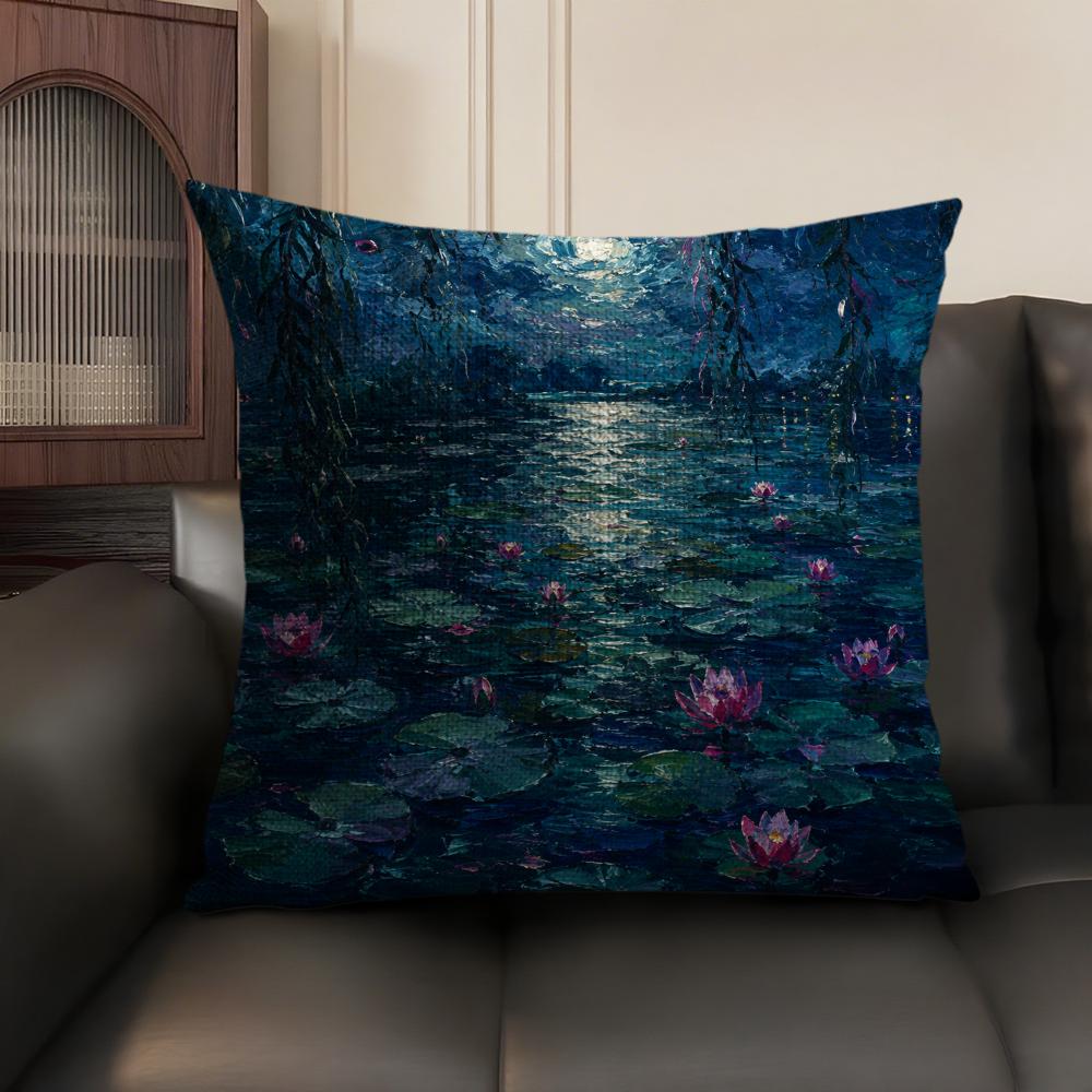 Monet Water Lilies Oil Painting Cushion Cover Linen Organic Fabric DoubleSided Printing Sofa Breathable Home Decor Pillow Case