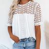 2023 Женская белая блузка с кружевной строчкой, свободная элегантная повседневная простая рубашка с короткими рукавами, летние женские топы с круглым вырезом 28438