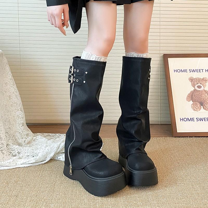 Модные Ретро Сапоги с Широким Голенищем Женские Индивидуальные Маленького Размера Длинные Сапоги Толстая Подошва Увеличение Роста Полные Икры MM Сапоги Рыцаря Материал ПУ Круглый Носок