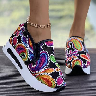 Мода Мода Комбинированный цвет Вышивка Спортивная обувь Женская 2025 Дышащая сетка Кроссовки на платформе для женщин Износостойкая обувь Женская