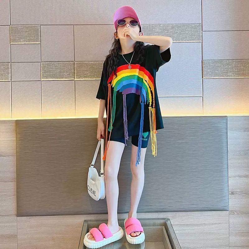 Girls' Hip-Hop Rainbow Braids Short-Sleeve Street Dance T-Shirt
