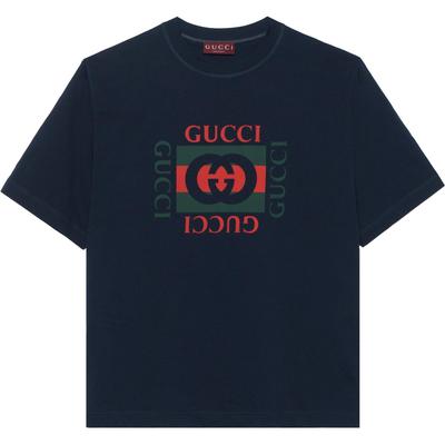 Хлопковая футболка из джерси с принтом Gucci 'Navy' Мужская 784361-XJGKA-4735