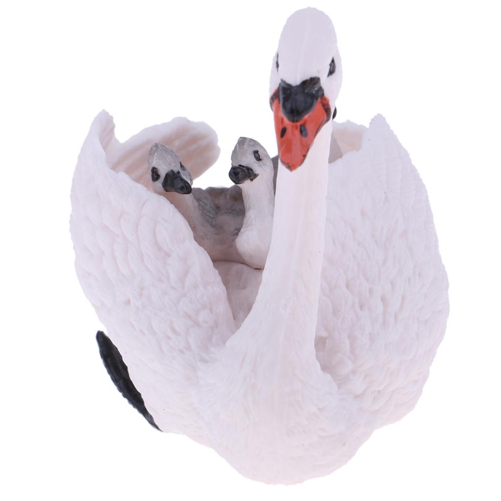 White Swan Figure with Babies On Back Animal Model Set Toy Home Ornaments