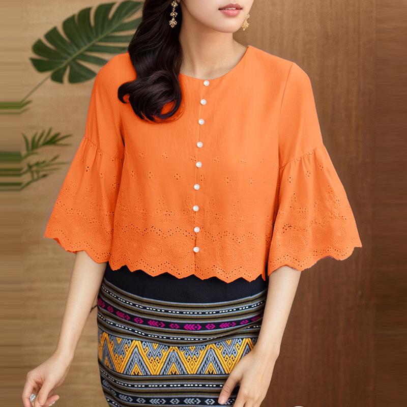 ZANZEA Женская повседневная блузка с круглым вырезом и рукавом 3/4 с вышивкой