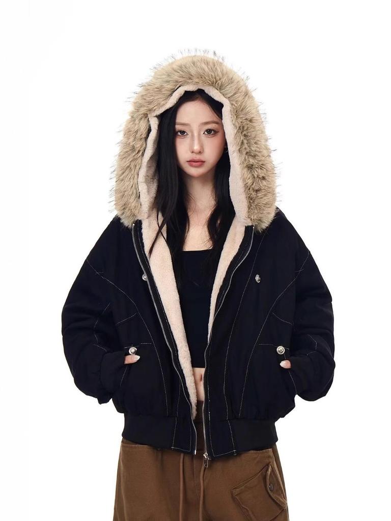 Унисекс ретро хлопковая куртка с капюшоном, пэчворк, меховой воротник – Зимний дизайн, короткая верхняя одежда с флисовой подкладкой.