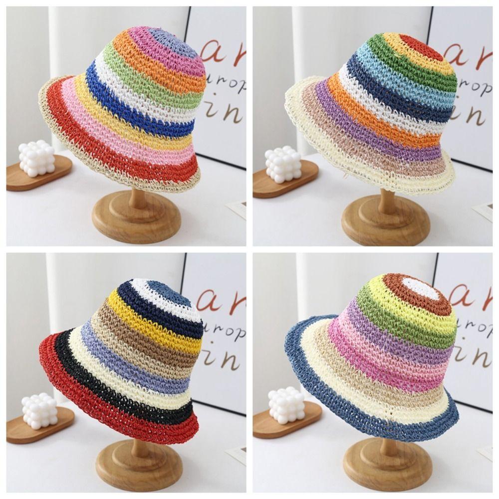 Visor Sunscreen Bucket Hat Crochet Beach Fisherman Hat Fashion Rainbow Straw Hat Girl