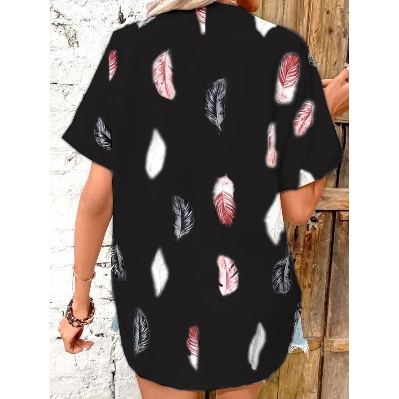 Women's Fashion Casual Summer Spring Feather Print Short Sleeve POLO Neck Blouses & Shirts