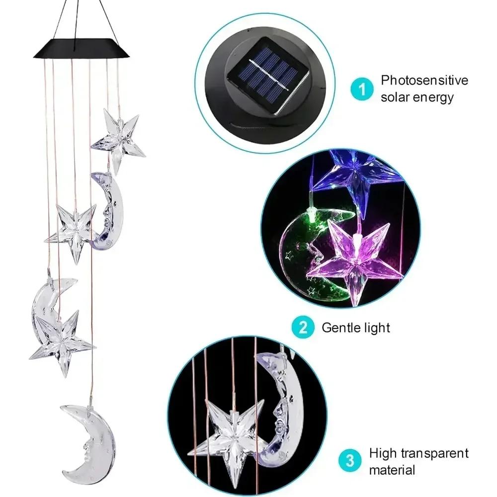 LED Solar Wind Chime Light Garden Stars Moon Wind Chime Lamp Colorful Waterproof Hanging Solar Light for Garden Yard Home Decor