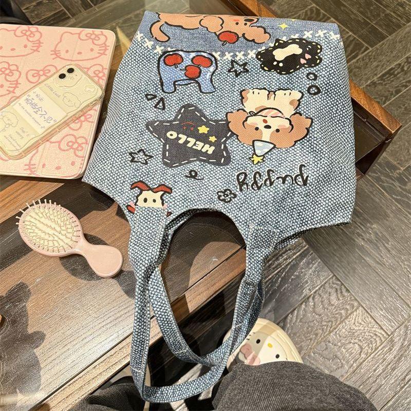 New plaid cartoon cat canvas bag large capacity versatile commuting Shoulder bag kawaii Tote Bags Anime Cat Shoulder Handbags