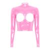 Women's Wetlook Patent Leather Mock Neck Long Sleeve Hollow Out Crop Tops Clubwear