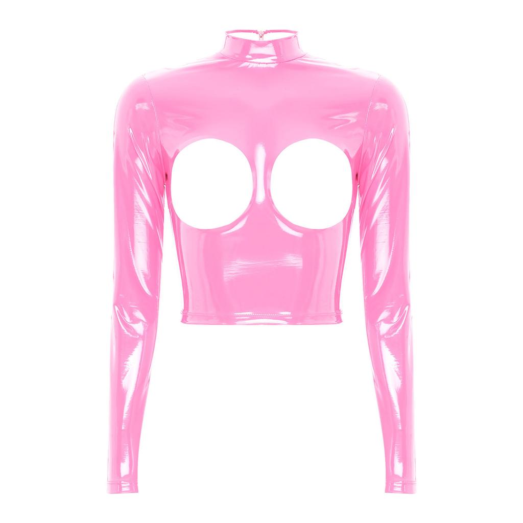 Women's Wetlook Patent Leather Mock Neck Long Sleeve Hollow Out Crop Tops Clubwear