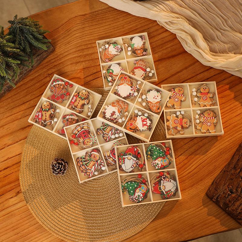 Christmas decorations wooden box 12pcs wooden Santa pendant gingerbread man decoration Christmas gift