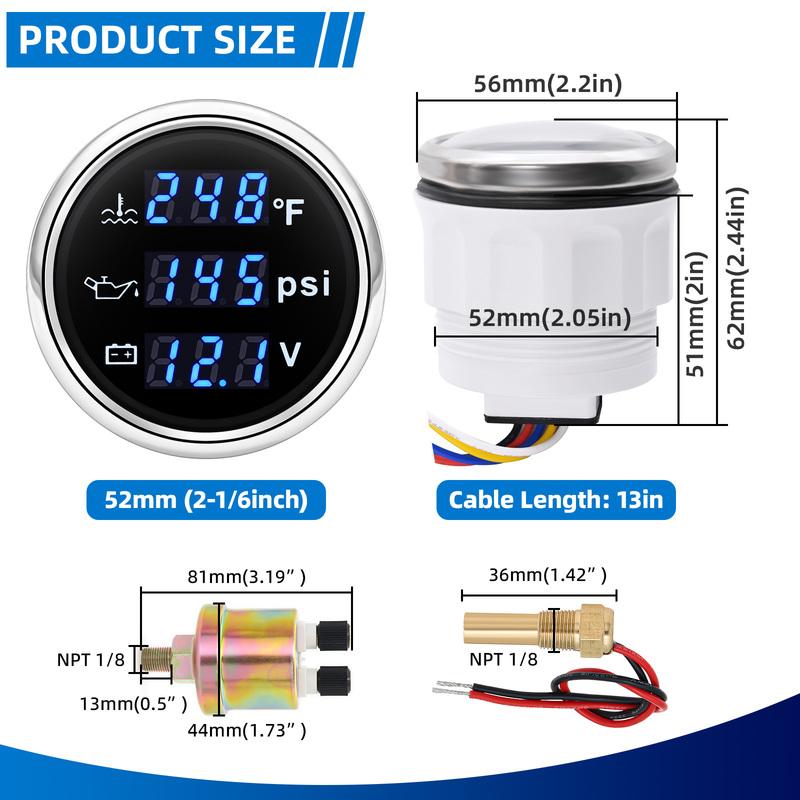 Digital 52mm 3 in 1 Water Temperature+Oil Pressure+Volt Gauge Sensors( Option) For Marine Boat Car Waterproof Gauge 12V24V
