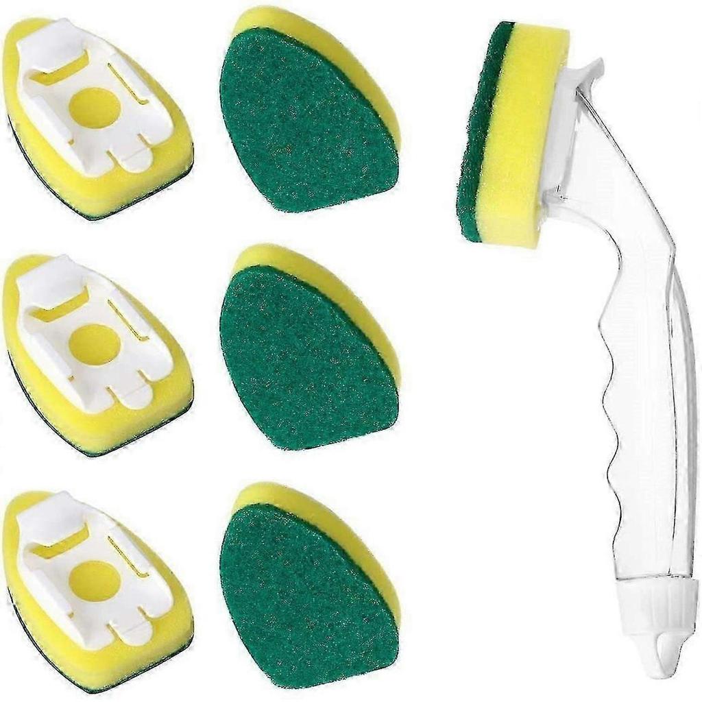 Non Scratch Dishwand Refills Handle, Dish Wand Refill Pack, 6 Heavy Duty Replacement Sponge Heads Set, Soap Dispenser Scrubbers