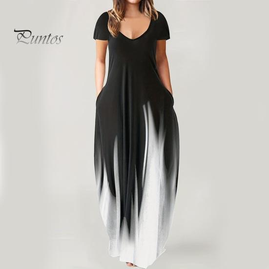 Women Maxi Dress with Pockets V Neck Short Sleeves Gradient Contrast Colors A-line Full Length Dress for Daily Party Dating