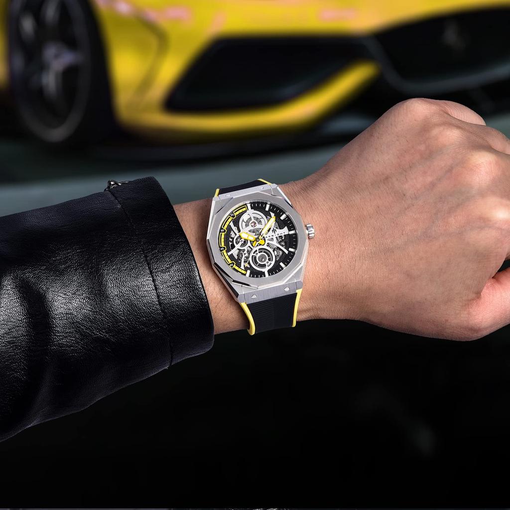 Механические часы Водонепроницаемые 100 м Автоматические часы Скелетон Крутые Стильные наручные часы Роскошные водонепроницаемые светящиеся желтые часы AKNIGHT для мужчин