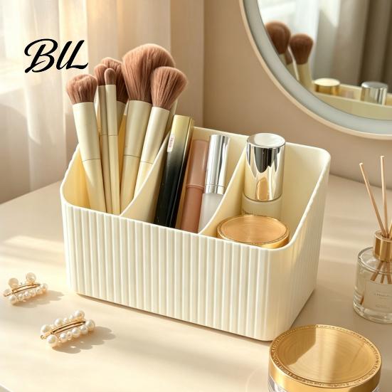 Stationery Sorting Box Desktop Storage with Three Compartments, Vertical Stripes Plastic Dresser Bin Organizer, Space Saving Container for Cosmetics